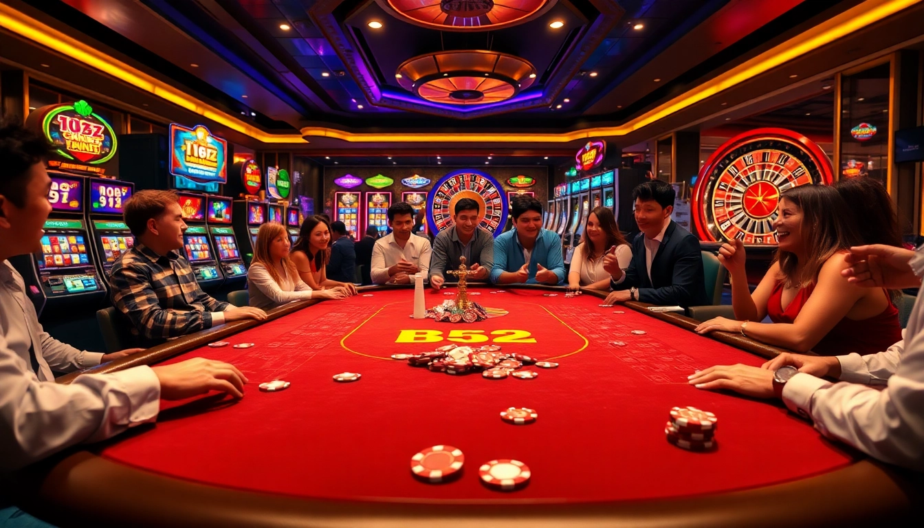 Cổng game B52 showcasing an exciting poker table with vibrant players and colorful slot machines.