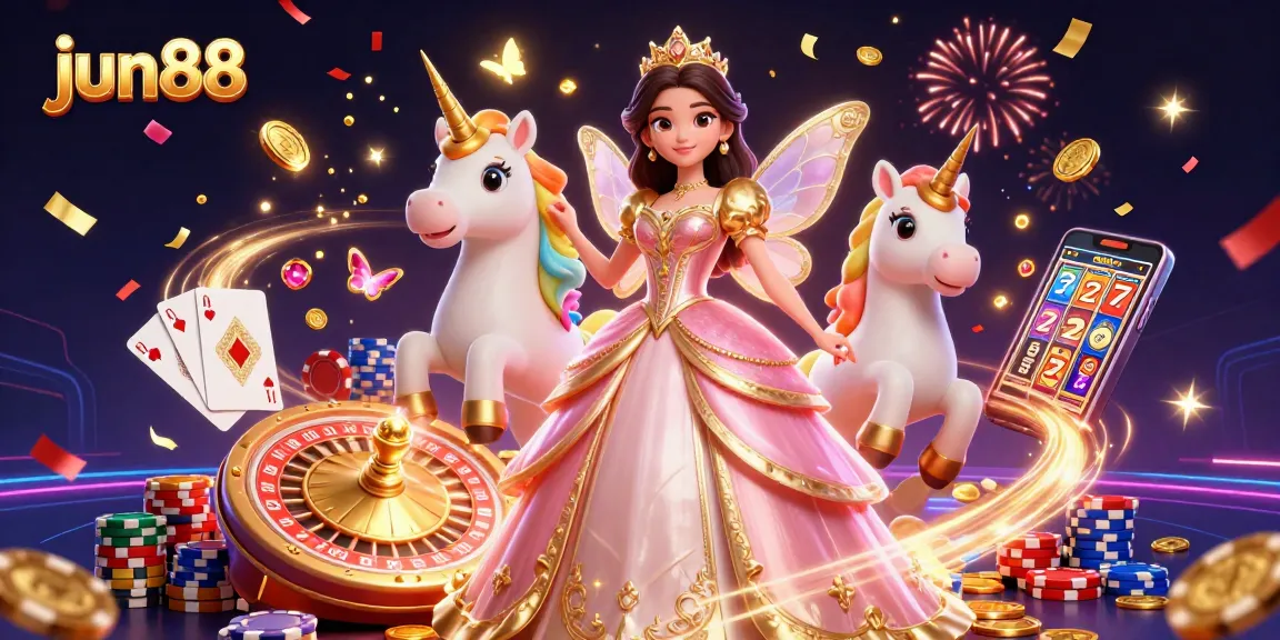 Experience the thrill of winning at jun88 with a dazzling casino scene, featuring slot machines and vibrant characters.