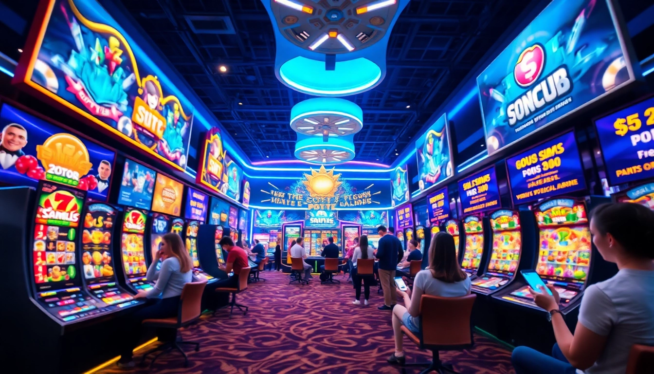 Vibrant Sonclub gaming environment with exciting digital interfaces and users enjoying mobile games.