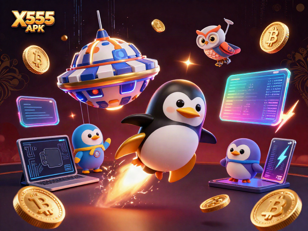Experience thrilling action in X555 APK as a golden penguin rockets toward a vibrant casino space station.