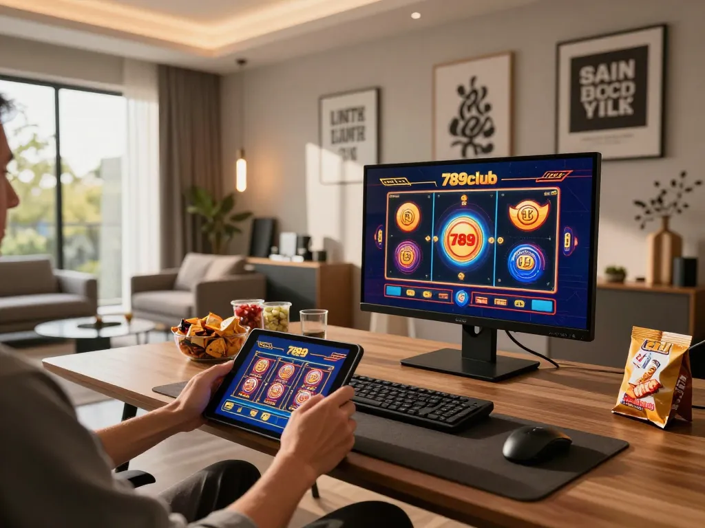 Engaging online gaming scene at 789club, showcasing tablet gameplay and stylish home environment