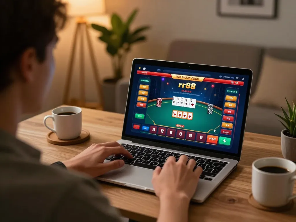 Engaging player enjoying rr88 poker game on a laptop in modern home setup, showcasing strategic online gambling.