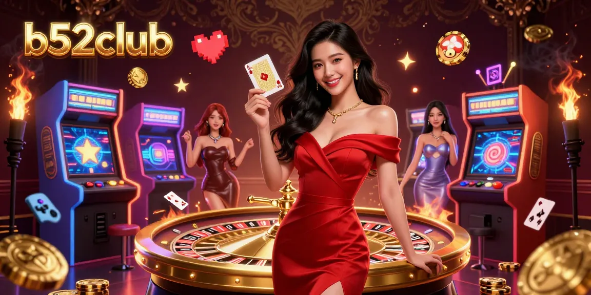 Experience thrilling wins at b52club with a gorgeous Asian woman holding a golden playing card beside a roulette wheel.