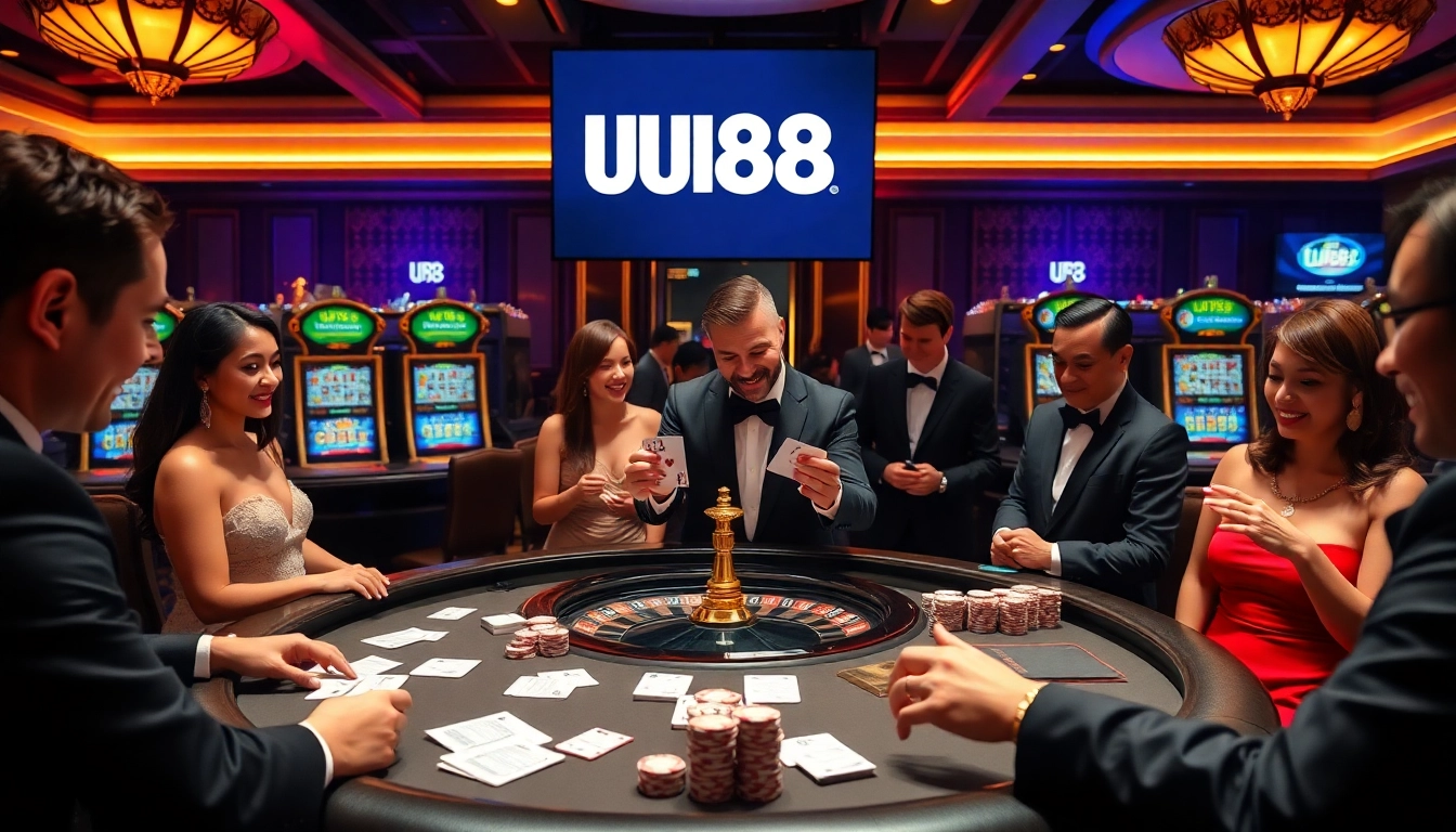 Excited players engaging at a luxurious casino table while showcasing UU88 branding.