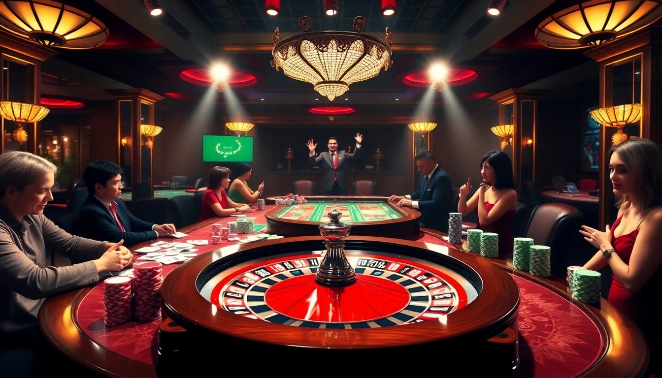 Players enjoying a thrilling game at the JBO casino, surrounded by vibrant poker chips and a live dealer.