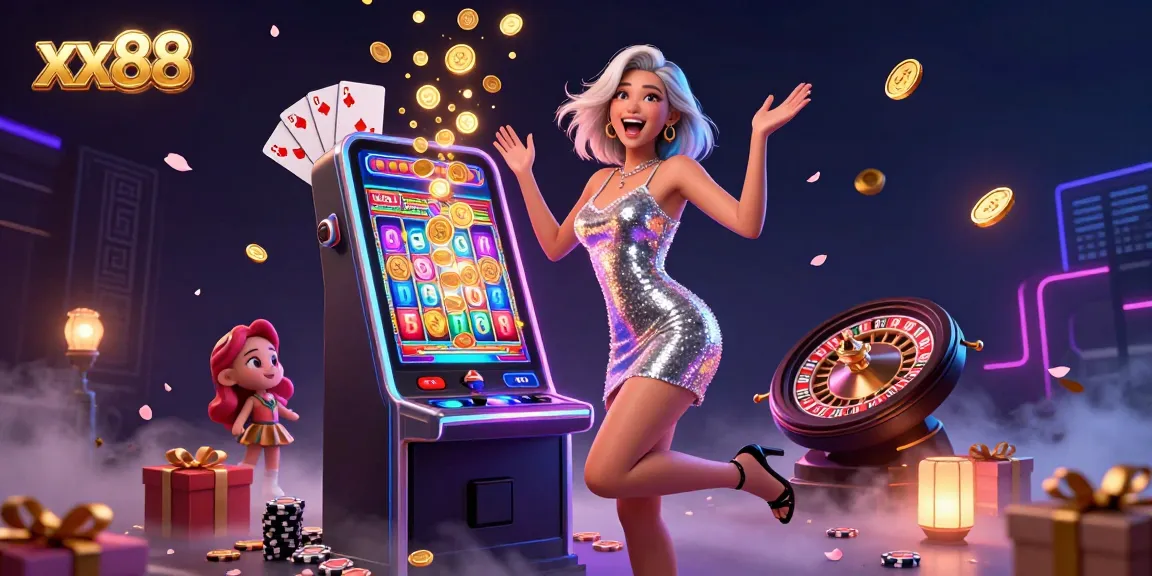 Experience excitement with xx88 as a beautiful Asian woman celebrates a jackpot win at a casino.