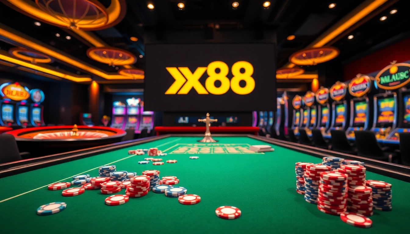 Experience high-stakes gaming action with XX88 at a luxurious casino table.