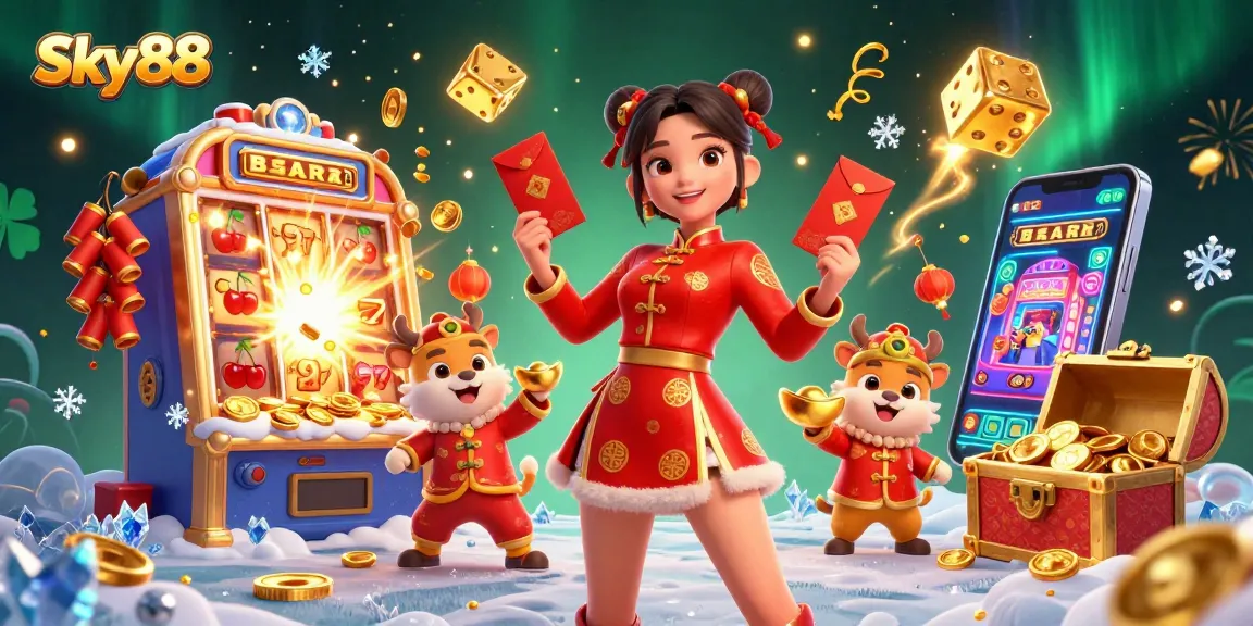 Experience thrilling gameplay at Sky88 with vibrant slot machines and festive Chinese New Year celebration.