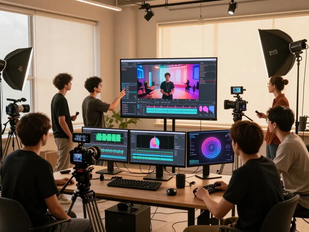 Seedance 2.0 empowering creators in a vibrant video production studio environment, showcasing collaborative filmmaking and advanced technology.