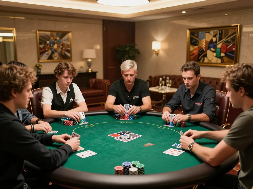 Players engage in an intense SC88 poker game with chips and cards in a luxurious setting.