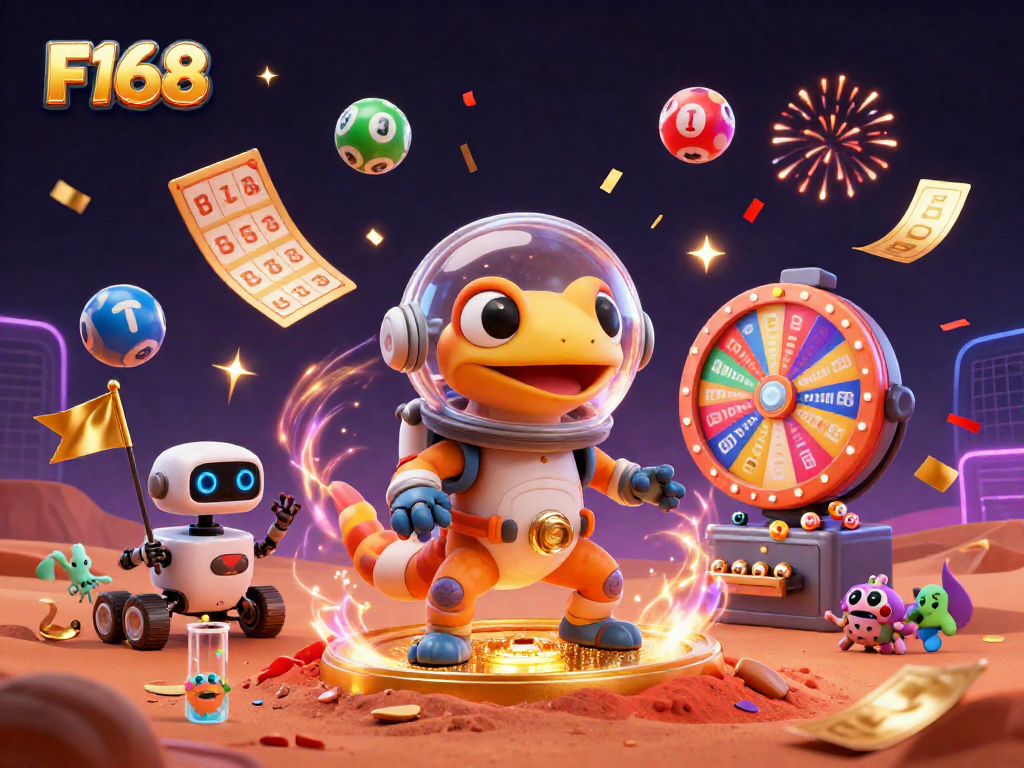 Engage with F168's vibrant casino experience, showcasing dynamic games and cheerful animations.