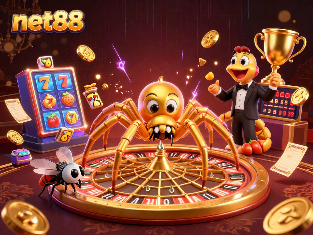 Engage with net88's vibrant 3D casino scene featuring a unique spider roulette.