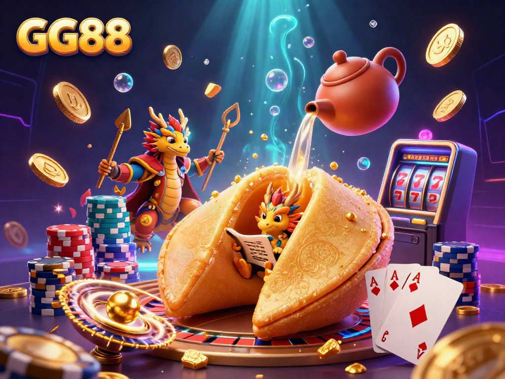 Dynamic GG88 scene featuring a golden fortune cookie and wise dragon amidst floating coins, showcasing casino excitement.