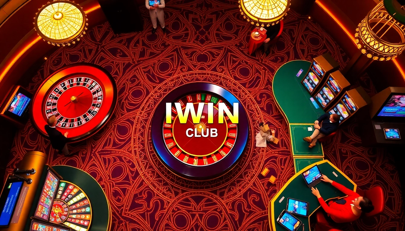 Engaging players at IWIN Club enjoying casino games with vibrant roulette and poker tables.