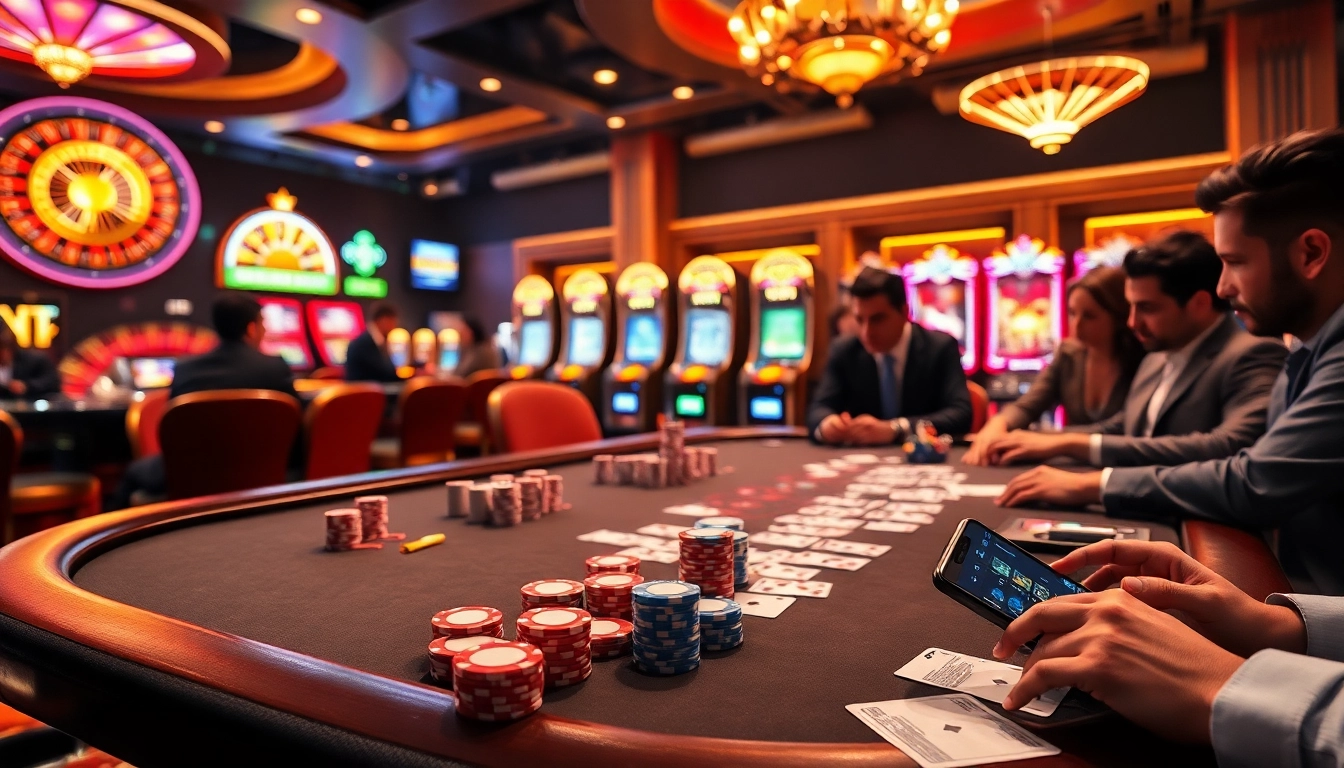 Players enjoying a thrilling poker game at 88bet .com, surrounded by vibrant casino elements.