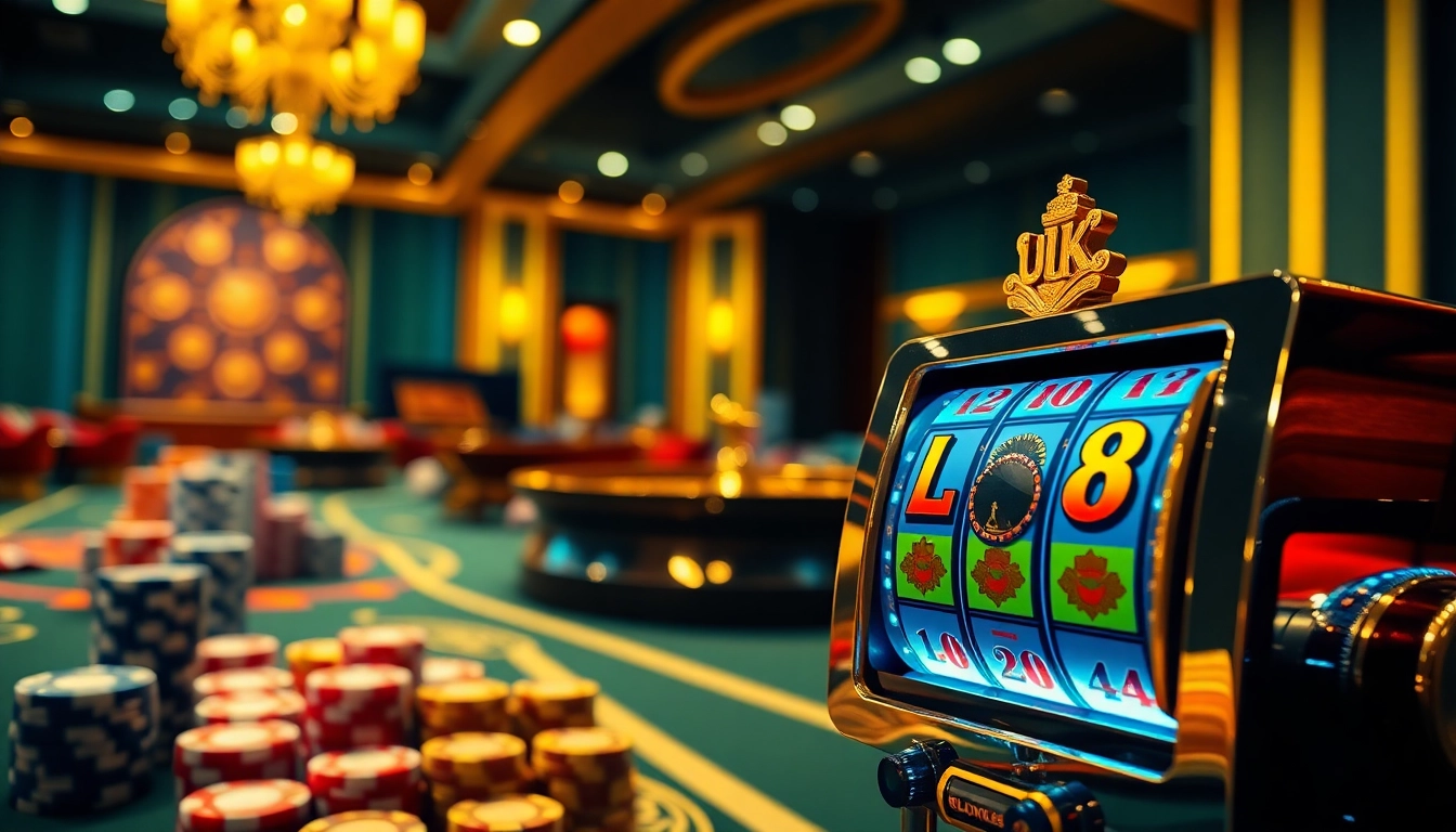 Cổng game LUCK8 offering thrilling online casino experiences with poker chips and slot machines.