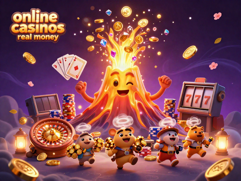 Experience thrilling action with online casinos real money scene featuring a golden volcano and treasure-filled animals.