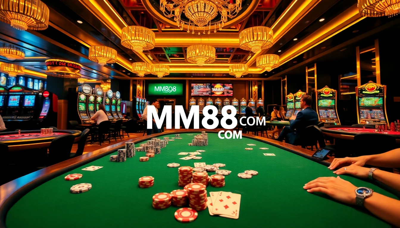 Engaging players enjoying vibrant gaming tables at MM88 COM casino, with poker chips and cards displayed.