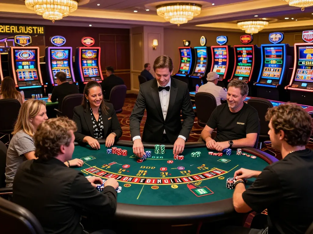 EE88 players engaging in intense poker gameplay at a vibrant casino, showcasing excitement and strategy.