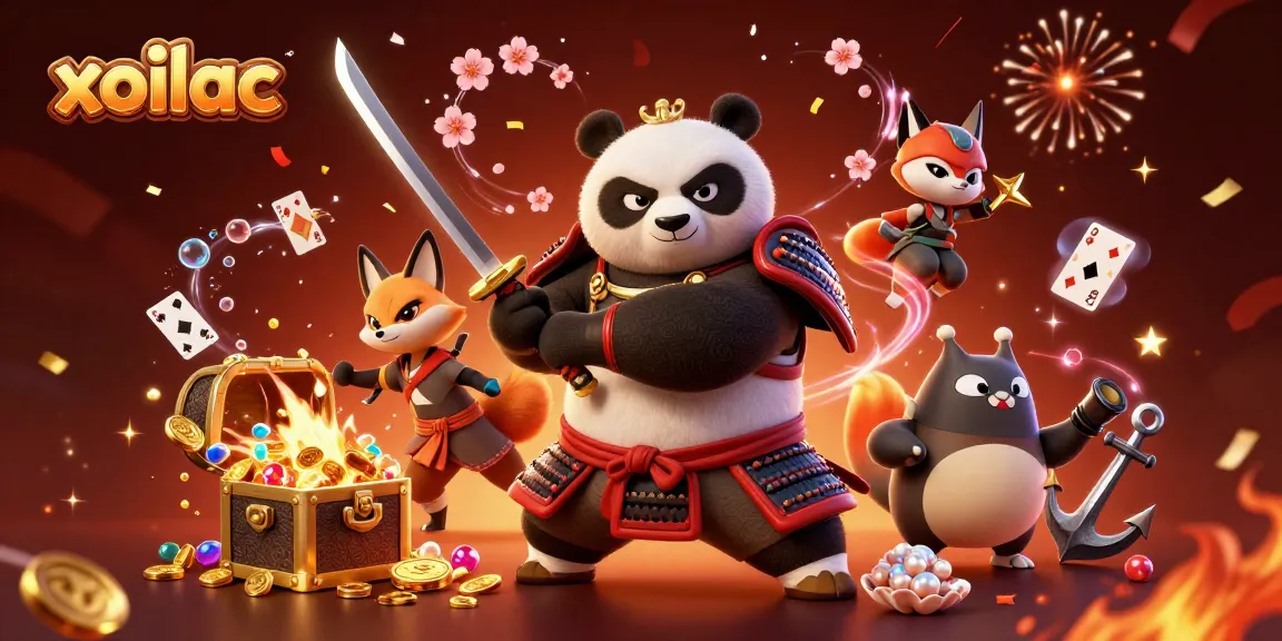 Xoilac features a dynamic scene with samurai panda, ninja fox, and magical tanuki amid casino elements and colorful coins.