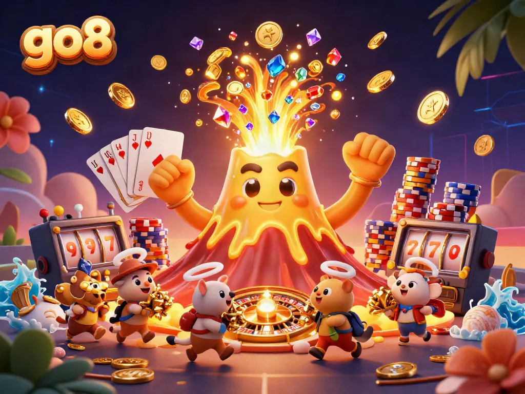Experience the excitement of go8 with a dynamic volcano erupting coins and treasure in a vibrant casino scene.