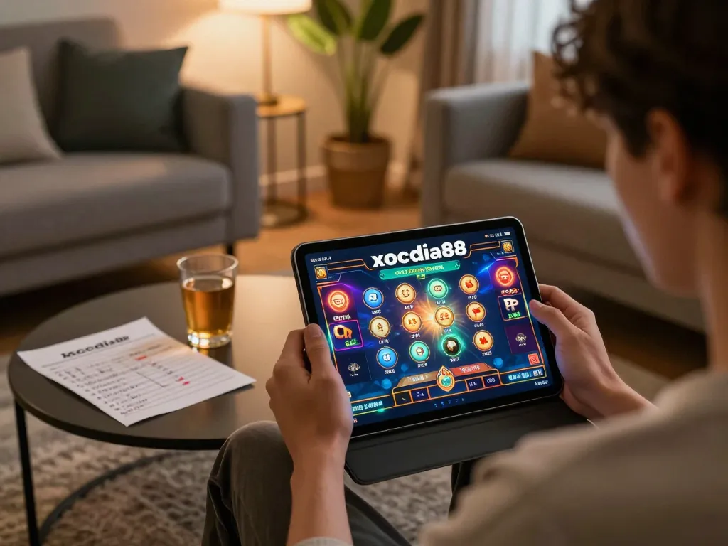 Xocdia88 player enjoying an online game on a tablet in a cozy home setting, highlighting the excitement of digital gambling.