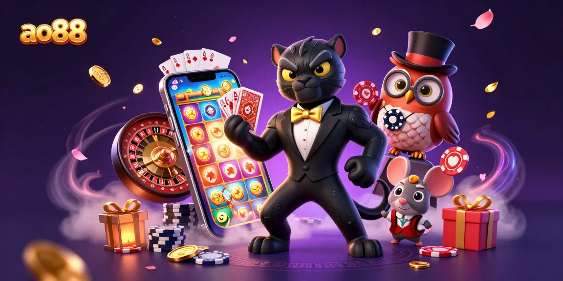 ao88 showcases a stylish panther dealer with cards, captivating players in a vibrant casino atmosphere.