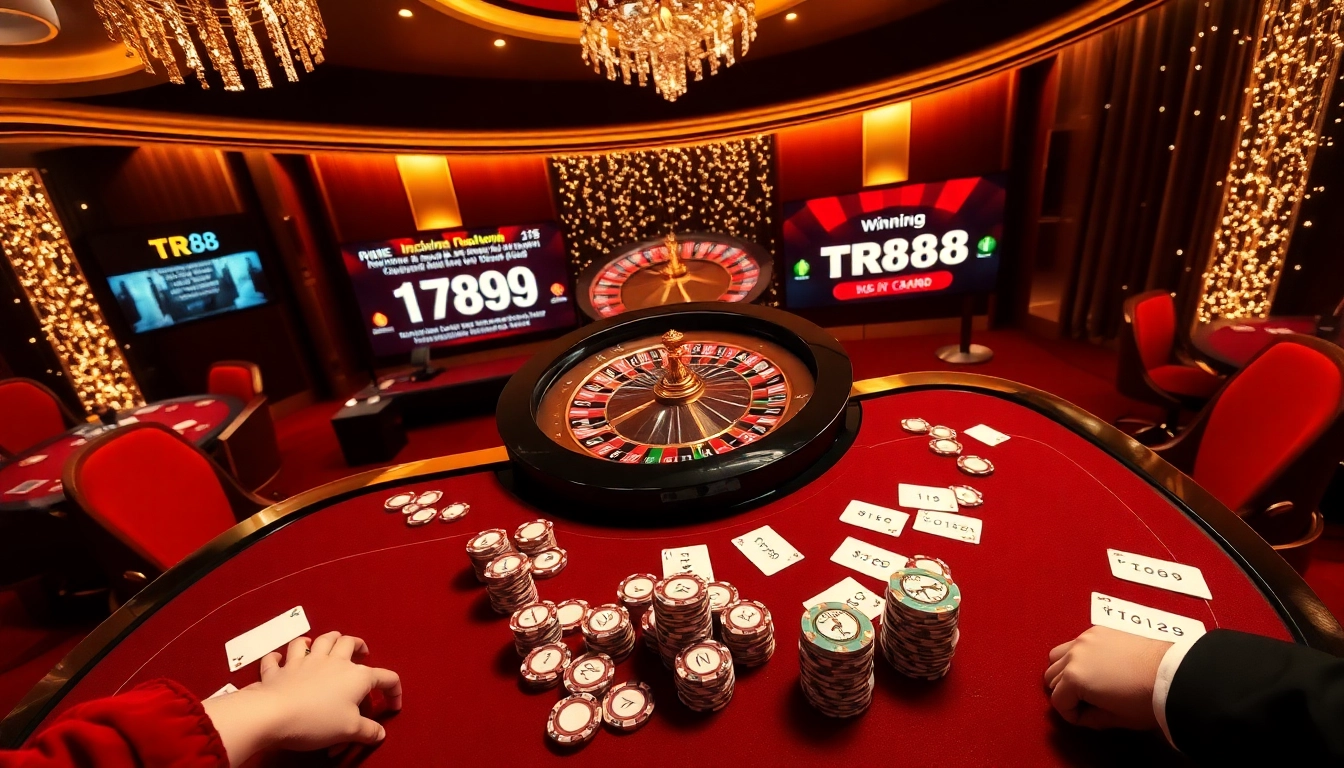 Experience the excitement of TR88 with players enjoying a glamorous casino scene, filled with poker chips and a roulette wheel.