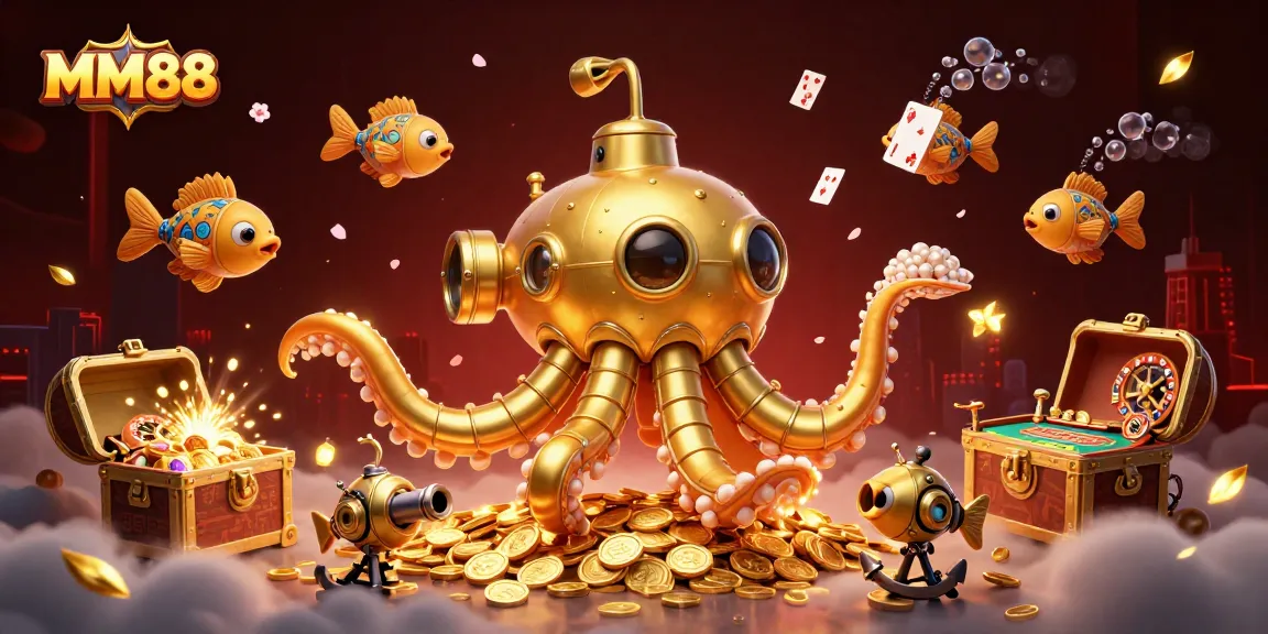 Experience exciting gameplay with MM88's golden kraken submarine amidst treasure and casino elements.