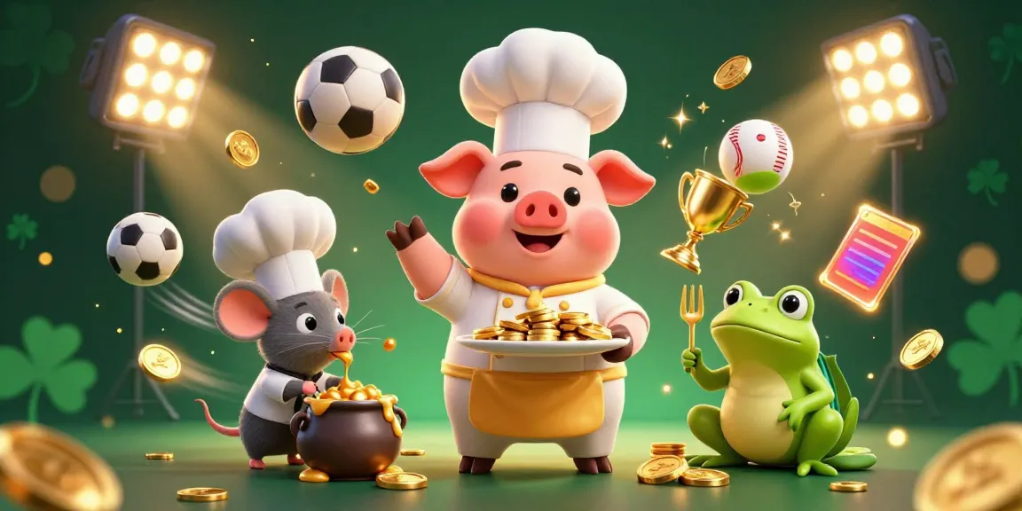 Experience thrilling toto online betting with cartoon chef pig and dynamic sports elements.
