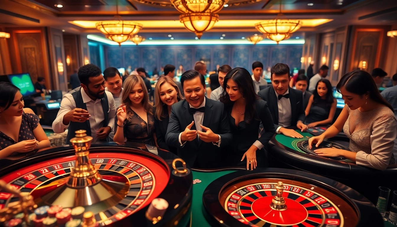 Engage in thrilling gameplay at https://nk88zz.bio/ showcasing vibrant casino tables and lively players enjoying games.