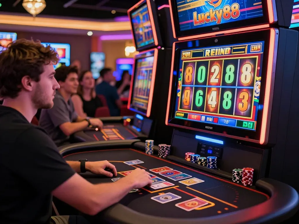 Exciting gaming experience at Lucky88 slot machine in vibrant casino atmosphere.
