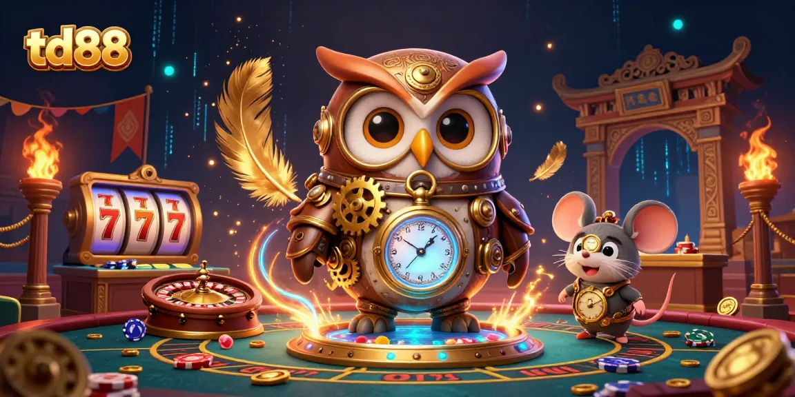 Spin the reels and win big at td88 with a vibrant casino-themed illustration featuring an owl in steampunk gear.
