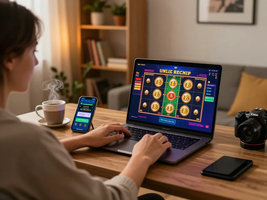Engaging gaming experience at home with hay win slot app displayed on laptop.