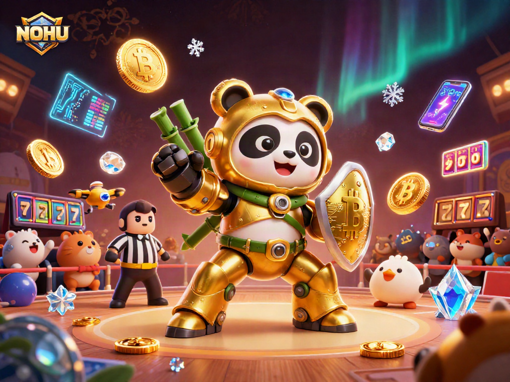 NOHU showcases thrilling slot action with a golden panda robot fighting in an animated casino arena.
