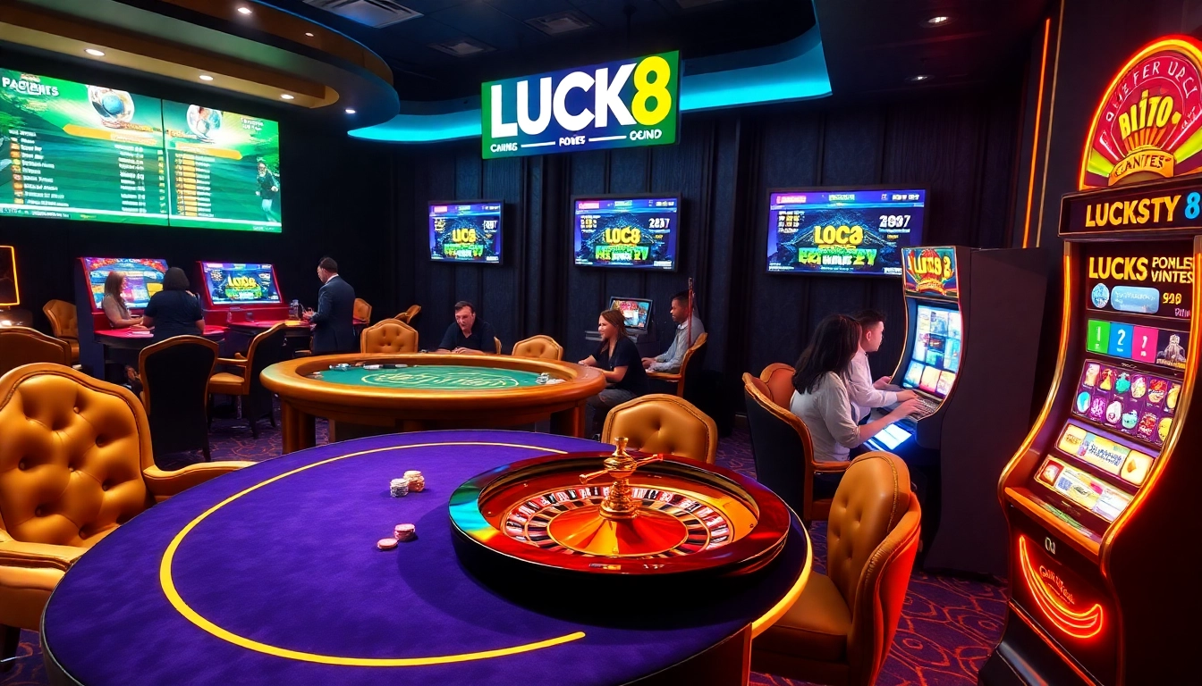 LUCK8 exciting online gambling scene with poker tables, roulette wheels, and vibrant slot machines.