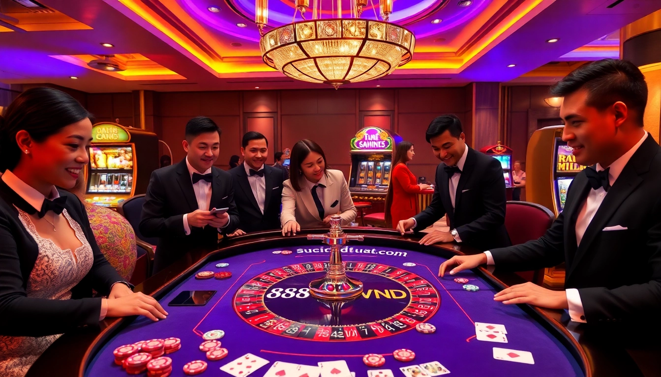 Players engaging in a thrilling roulette game at the 888VND casino, highlighting excitement and luxury.