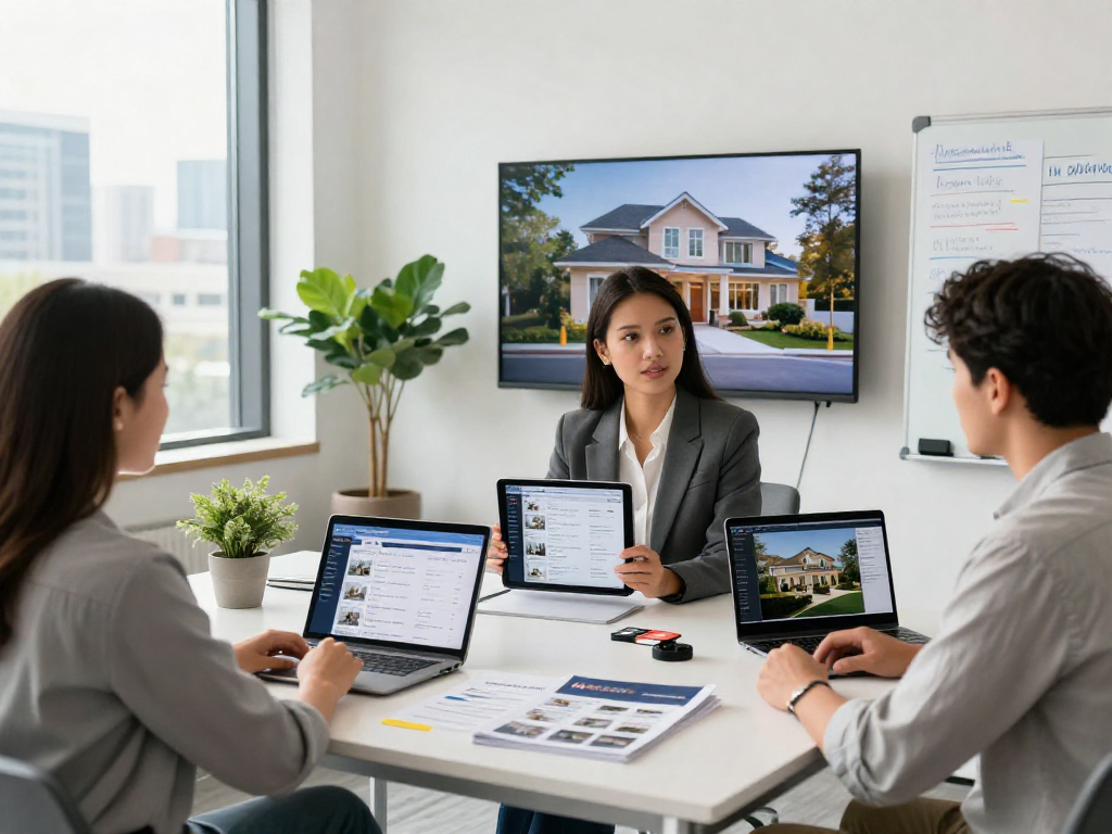 Engaging real estate marketing scene with IDXSTAR branding in a modern office