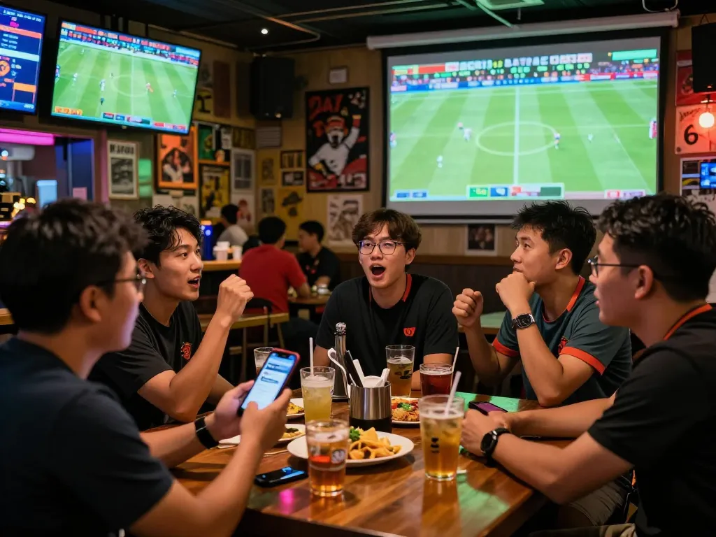 Engaged fans checking kèo nhà cái hôm nay during a live soccer match at a sports bar.
