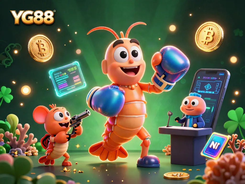 Engage in casino excitement with YG88's vibrant 3D shrimp characters and crypto elements.