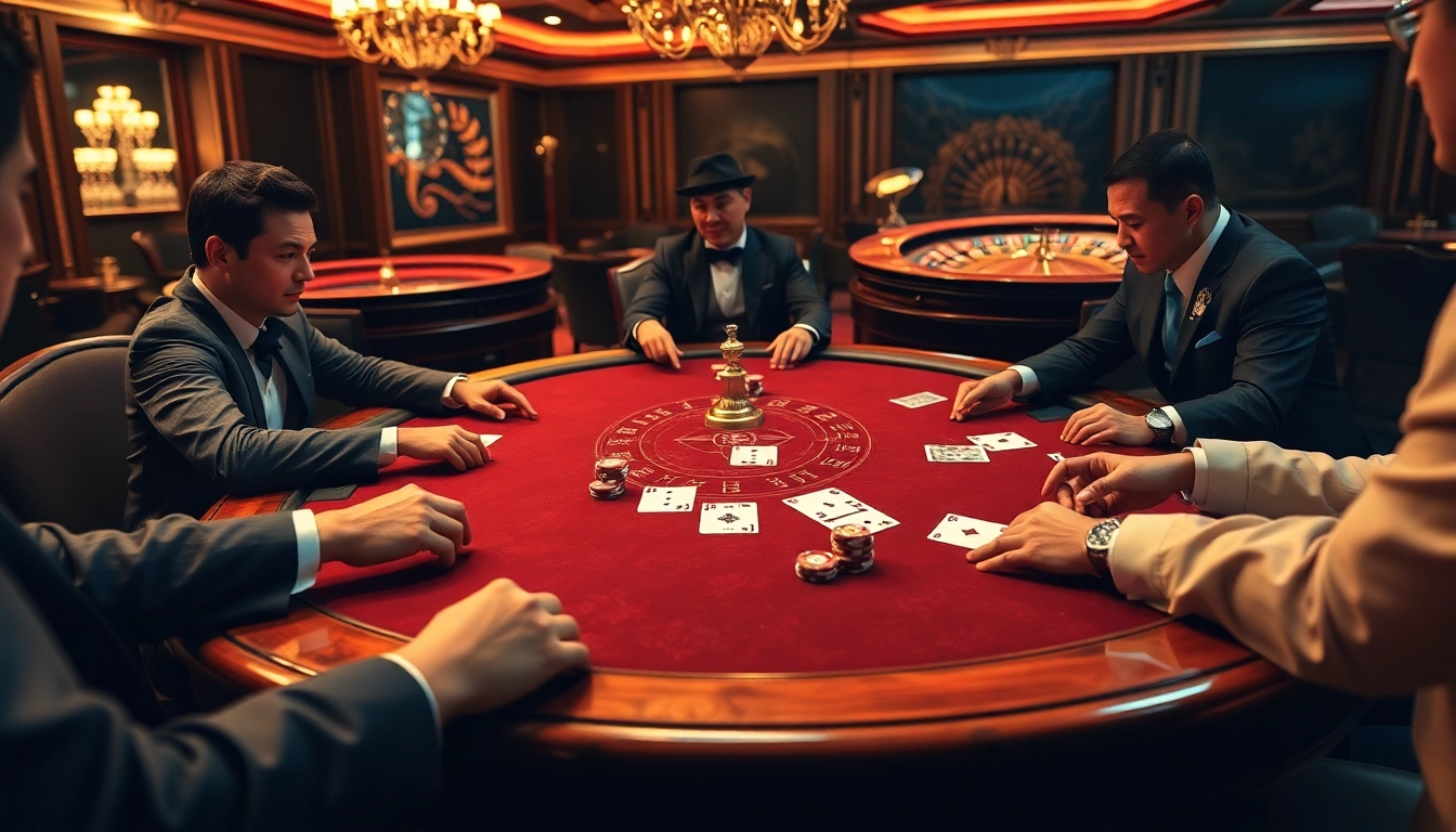 Experience elite gambling action at https://k789p.top/ with a lively poker table surrounded by players.