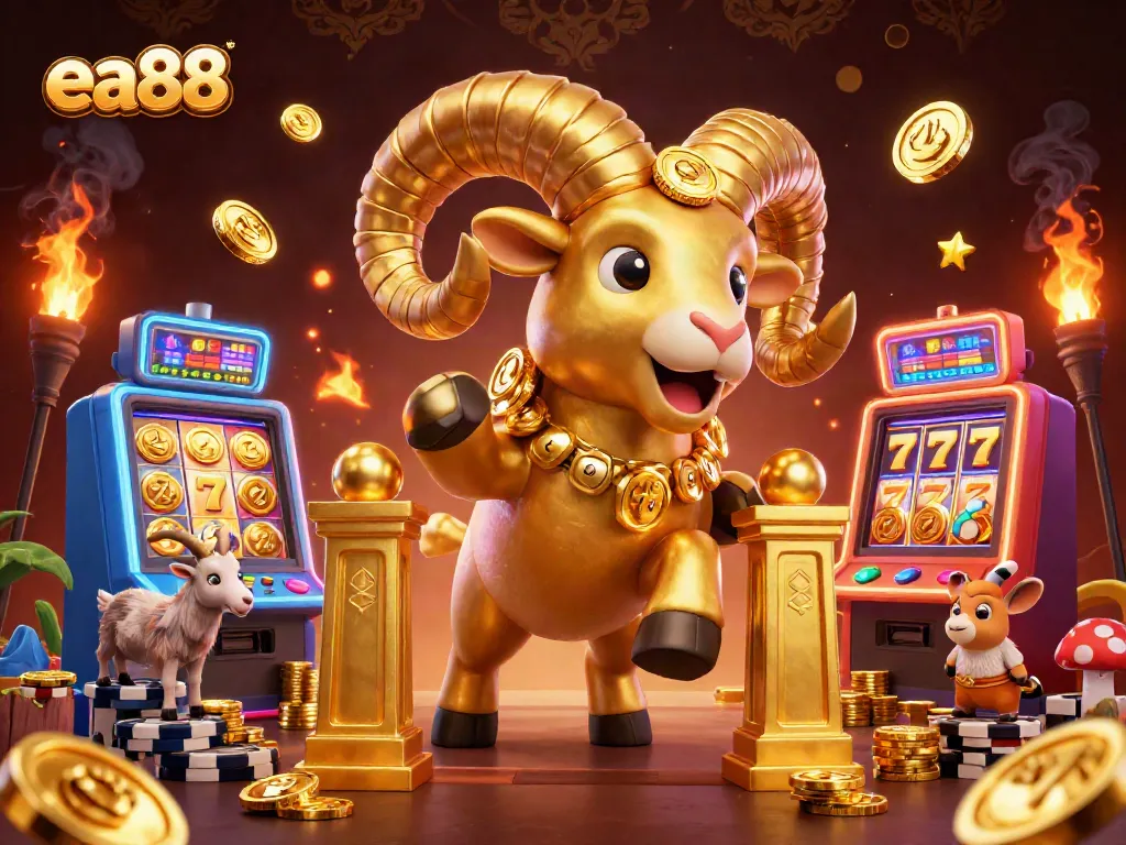 Experience thrilling wins with ea88 as a golden ram bursts through a casino, surrounded by slot machines.