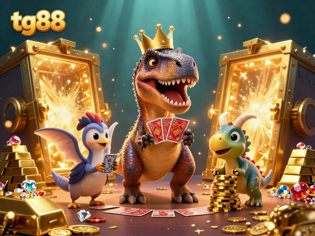 Engage with tg88's excitement as a T-Rex shuffles cards, aided by a pterodactyl, amidst treasures.