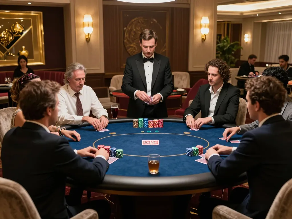 79KING players strategizing in a luxurious poker room, high-stakes game atmosphere