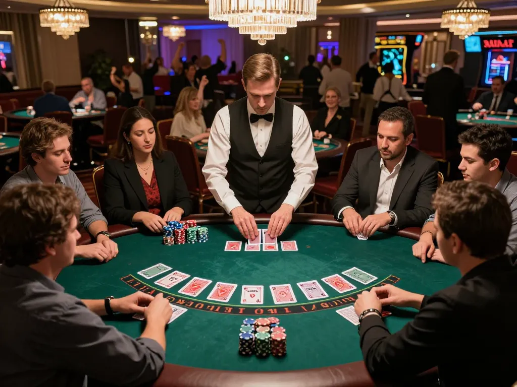 Engage in thrilling blackjack gameplay with link vào U888, surrounded by focused players and warm casino ambiance.