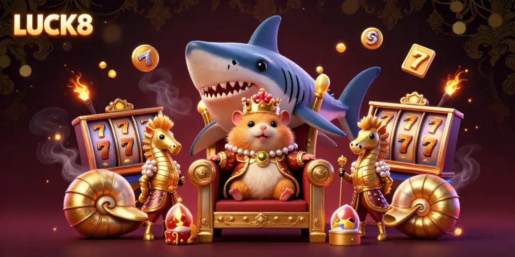 Engage with LUCK8's vibrant casino realm featuring a hamster king on a megalodon throne amidst shimmering slots.