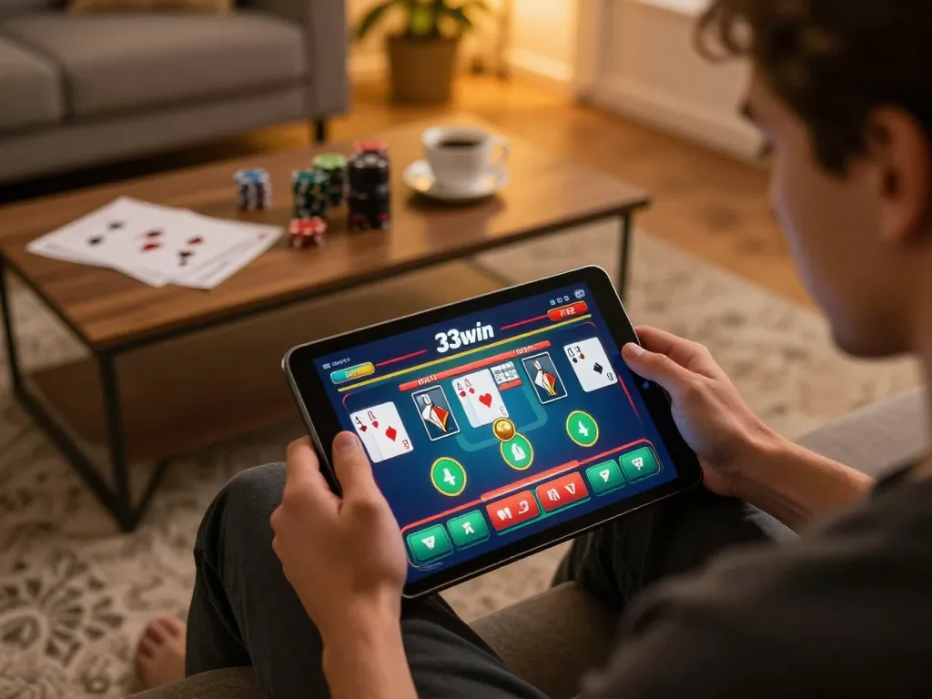 Engaging with the 33win app on a tablet for a vibrant online gaming experience in a cozy setting.