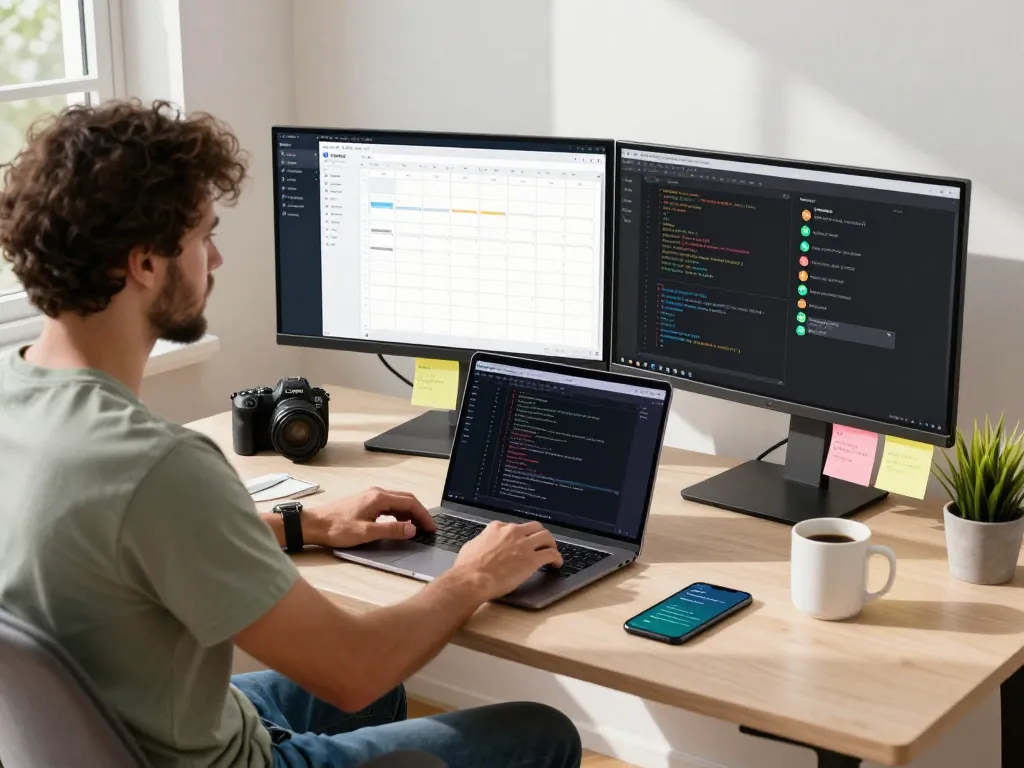 Developer using Moltbot in a modern home office with multiple screens and natural light.