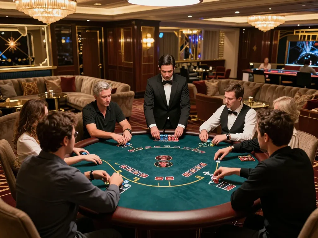 Engaging poker game scene at hit club VIP area with players in action and luxurious ambiance