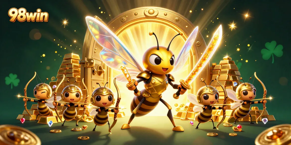Bet on 98win with an engaging golden hornet samurai and treasure-filled casino scene.